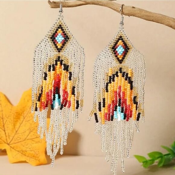 Handmade Native American-Style Beaded Tassel Fashion* Earrings Extra Long 1 pair - Picture 16 of 17